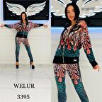 Karışık Desen Crystal Taşlı Kadife Eşofman Takımı - YEŞİL