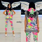 Koldan Yırtmaç Karışık Desen Crystal Taşlı Eşofman Takımı - SARI