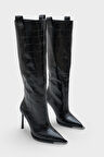 Kadın Kroko Sivri Burun Topuklu Günlük Çizme Elinos Siyah