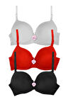 Kadın Dolgulu Balenli Mikro 3'lü Sütyen Seti Siyah, Kırmızı, Beyaz (Ay-01)