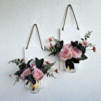 Led Işıklı, Pudra Pembe Gül Çiçekli Duvar Dekoru Beyaz İkili Set