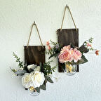 Led Işıklı, Beyaz ve Pudra Pembe Gül Çiçekli Duvar Dekoru Ceviz İkili Set