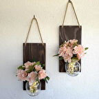 Led Işıklı, Pembe Yasemin Çiçekli Duvar Dekoru Ceviz İkili Set