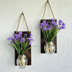 Led Işıklı, Lila Nergis Çiçekli Duvar Dekoru Ceviz İkili Set