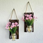 Led Işıklı, Pembe Nergis Çiçekli Duvar Dekoru Ceviz İkili Set