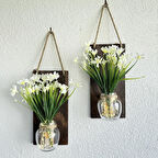 Led Işıklı, Beyaz Nergis Çiçekli Duvar Dekoru Ceviz İkili Set