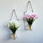 Led Işıklı, Pembe ve Beyaz Nergis Çiçekli Duvar Dekoru Beyaz İkili Set