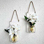 Led Işıklı, Beyaz Lilyum Çiçekli Duvar Dekoru Beyaz İkili Set