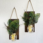 Led Işıklı, Mastana Bitki Çiçekli Duvar Dekoru Ceviz İkili Set