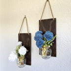 Led Işıklı, Mavi ve Beyaz Kasımpatı Çiçekli Duvar Dekoru Ceviz İkili Set