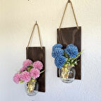 Led Işıklı, Pembe ve Mavi Kasımpatı Çiçekli Duvar Dekoru Ceviz İkili Set