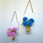 Led Işıklı, Pembe ve Mavi Kasımpatı Çiçekli Duvar Dekoru Beyaz İkili Set