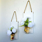 Led Işıklı, Beyaz Kasımpatı Çiçekli Duvar Dekoru Beyaz İkili Set