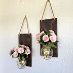 Led Işıklı, Pembe Karanfil Çiçekli Duvar Dekoru Ceviz İkili Set