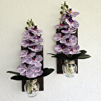 Led Işıklı, Mor Islak Orkide Çiçekli Duvar Dekoru Ceviz İkili Set
