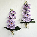 Led Işıklı, Mor Islak Orkide Çiçekli Duvar Dekoru Beyaz İkili Set