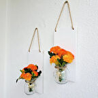 Led Işıklı, Turuncu Deniz Yosunu Çiçekli Duvar Dekoru Beyaz İkili Set