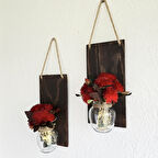 Led Işıklı, Kırmızı Deniz Yosunu Çiçekli Duvar Dekoru Ceviz İkili Set