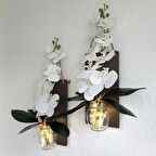 Led Işıklı, Beyaz Islak Orkide Çiçekli Duvar Dekoru Ceviz İkili Set