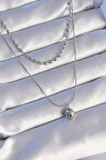 316L Çelik Çift Zincirli Gümüş Renk Topçuk Model Kolye