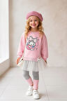 Kuromi Desenli Tütü Detaylı Pembe Renk Kız Çocuk Taytlı Takım