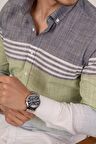 Panolu Gri Yeşil Slimfit Keten Gömlek