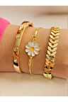 Altın Kaplama 3 lü Kombin Bileklik Seti Gold Renk Kadın Zincir Bilezik Künye Asansör Pandora