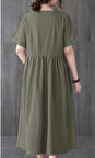 Keten Günlük Rahat V Yaka Beli Büzgü Detaylı Düğmeli Elbise