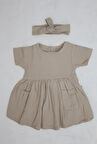 Bebek Muslin Çift Cepli Elbise ve Saç Bandı
