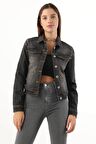 Kadın Cep Detaylı Slim Fit Jean Ceket Siyah