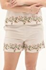 Krem Nakışlı Keten Yazlık Kısa Kadın Şort