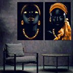 Dekoratif Afrikalı Kadın Görselli Duvar Tablosu 2 Li Set