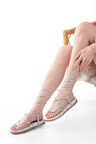 1001-1001 Beyaz Gümüş  Bilekten Bağcıklı Kadın Sandalet