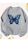 Kelebek Desen Detaylı Bisiklet Yaka İçi Polarlı Sweatshirt