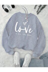 Love Yazı Baskılı Bisiklet Yaka İçi Polarlı Sweatshirt