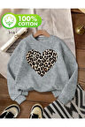 Leopar Kalp Desen Detaylı Bisiklet Yaka İçi Polarlı Sweatshirt