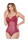 Kadın Bordo Transparan Dantel Südyen Body