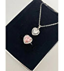 ciddi ilişki yüzüğü pembe kalpli ve beyaz kalpli taşlı kolye çelik set