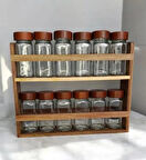 Akasya Kapaklı 12li Cam Baharatlık Ahşap Standlı