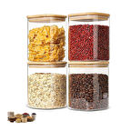 Cam Kavanoz Seti Bambu Kapaklı Hava Almaz 4lü Kavanoz Takımı Küçük Boy 650 ML