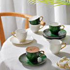 Glossy 6 Kişilik Kahve Fincan Takımı Porselen Beyaz/Yeşil Kombin Takım