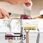 Paslanmaz Çelik Mutfak Banyo Musluğuna Sabitlenebilir Sünger Tutucu + Kolay Kesim Dilimleme Aparatı