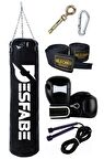 Desfabe Boxing Star 70x25 Cm Zincirli Boks Kum Torbası Siyah+Askı Aparatı+Boks Eldiveni+El Sargı Bandajı+Atlama İpi