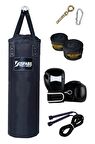 Desfabe Polydes 80x25 Cm Kolonlu Boks Kum Torbası Siyah+Askı Aparatı+Boks Eldiveni+El Bandajı+İp