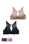 2'li Ekonomik Paket Nude Siyah 6808 Rome Yarı Destekli Sırt Detay Dantelli Sütyen Set