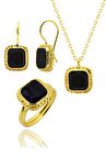 Güneş Taşı Serisi Sarma Kare Kesim Renkli 22 Ayar Altın Kaplama Kadın Üçlü Set 925 Ayar Gümüş Zincirli