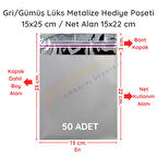 15x25 cm Gümüş Renk Bantlı Lüks Metalize Hediyelik Poşet (50 Adet)