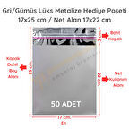 17x25 cm Gümüş Renk Bantlı Lüks Metalize Hediyelik Poşet (50 Adet)