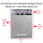 20x25 cm Gümüş Renk Bantlı Lüks Metalize Hediyelik Poşet (50 Adet)