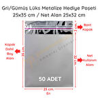 25x35 cm Gümüş Renk Bantlı Lüks Metalize Hediyelik Poşet (50 Adet)